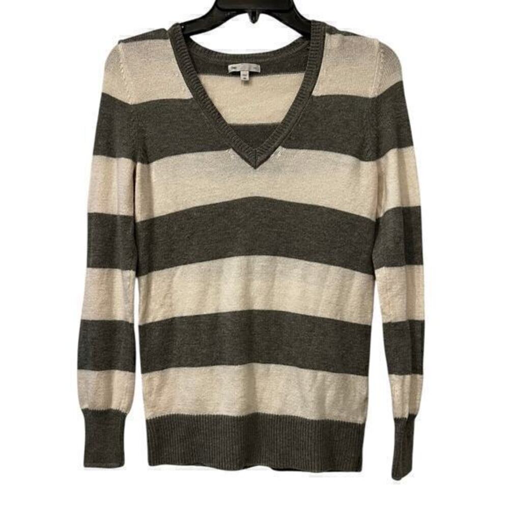 Gap Luxe Women’s Gray striped Angora Rabbit Hair preppy v neck sweater size XS